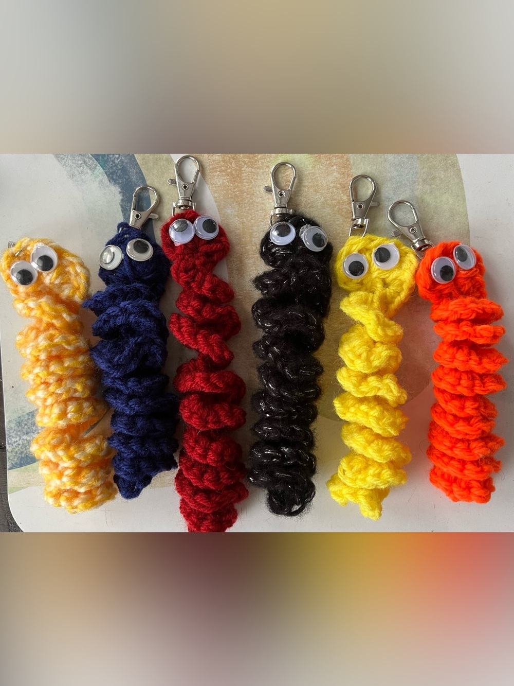 Handmade Crochet Spiral Worry Worms Googly Eyes Assorted Colors Keychain 10 PCS